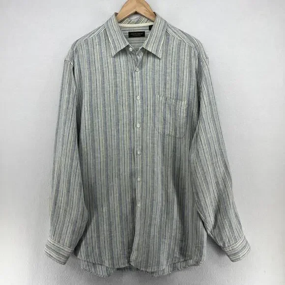 JOSEPH ABBOUD Shirt Mens XL Linen Collection Striped Button Up Woven Blue - Picture 2 of 16